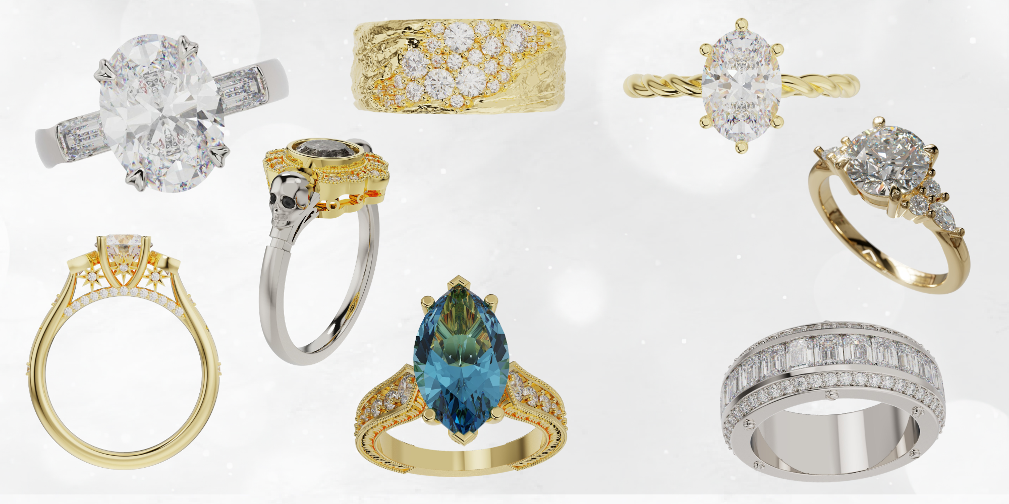 Collection of various diamond and gemstone rings on a white background