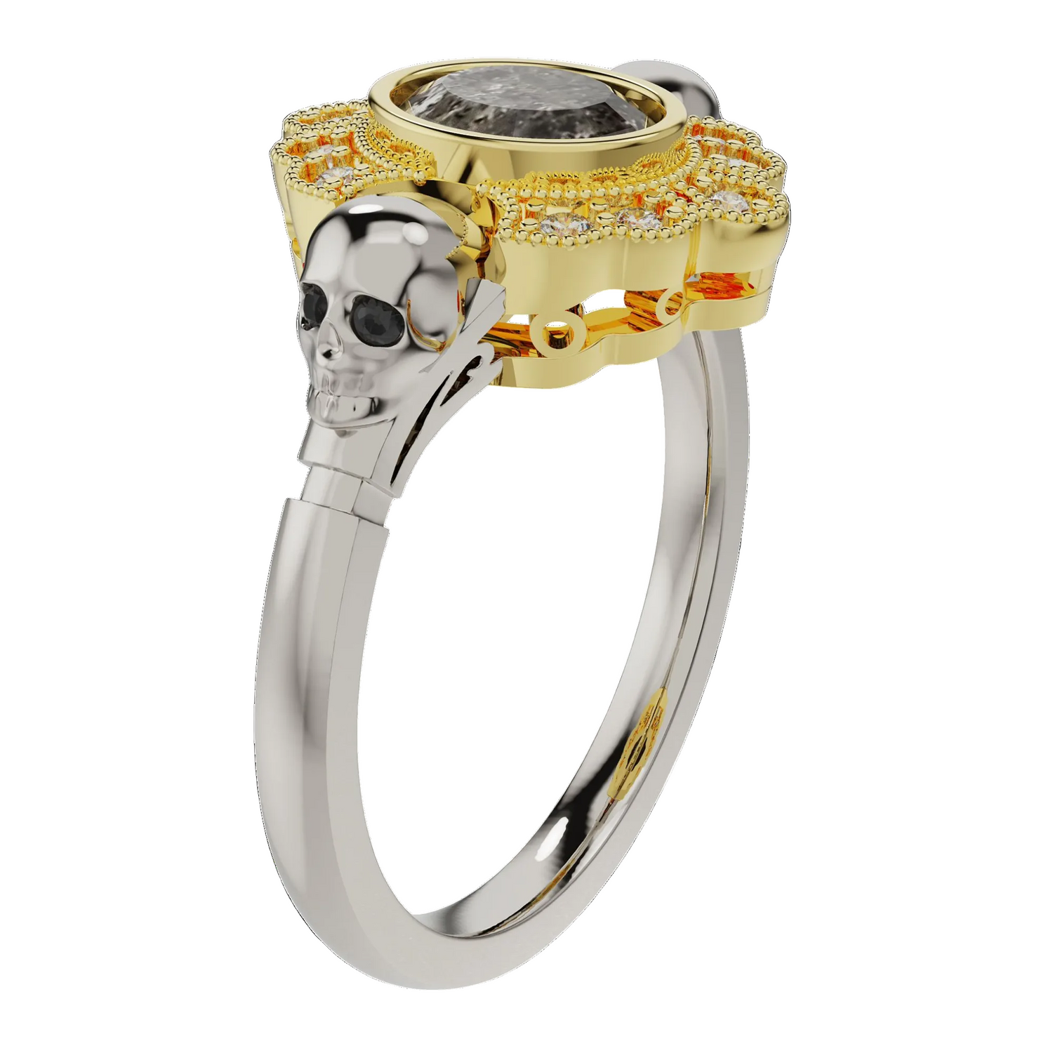 Gold and silver skull ring with gemstone on a white background