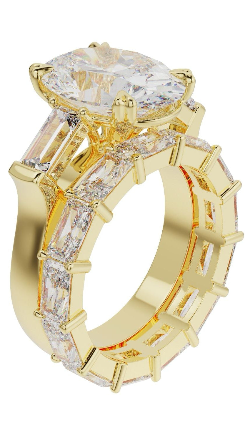 Gold ring with a large diamond and smaller stones on a white background